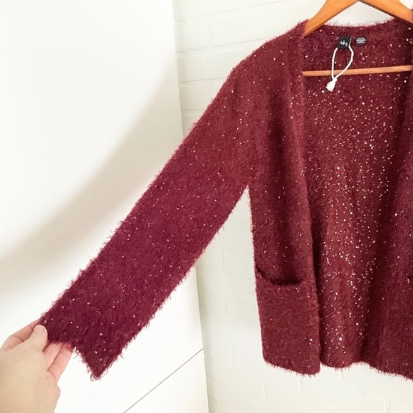 NWOT Sky Girl/Kids Open Knit Cardigan Fuzzy Burgundy Gold Heart Sequins Sz 14/16 - Picture 4 of 6